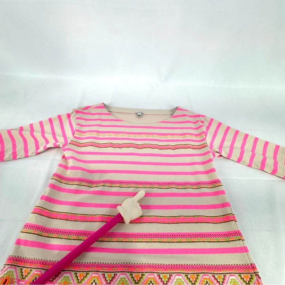 J. Crew XS neon pink stripe bohemian embroidered accent 3/4 sleeve top - Picture 10 of 13